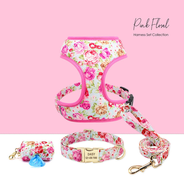 Personalized Engraved Pink Fancy Floral Dog Collar Lead Harness Combo Paw ID