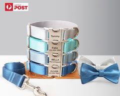 Luxurious Silky Wedding Dog Collar - Personalized with Name - Silver, Aqua, Haze Blue or Blue, Detachable Sailor Bowtie
