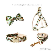 Christmas Dog Collar Personalized Engraved Handmade Dog Collar and Lead Set, Matching Bowtie and Harness Available