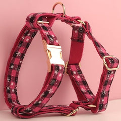 Custom Pink and Black Snowflake Tartan Christmas Dog Harness Set - Collar, Bowtie, Leash - Various Combinations for Festive Pet Fashion