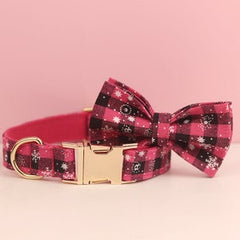 Custom Pink and Black Snowflake Tartan Christmas Dog Harness Set - Collar, Bowtie, Leash - Various Combinations for Festive Pet Fashion