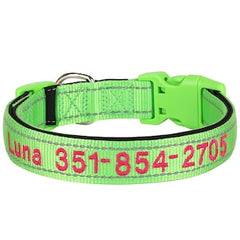 Personalized Reflective Dog Collar, Custom Embroidered Nylon Name for Small to Large Dog, Red, Blue, Green