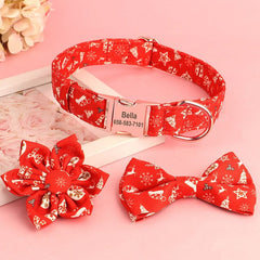 Custom Christmas Dog Collar Bowtie Flower in Cherry Red and Plaid, Christmas Pattern, Trendy Style for Christmas