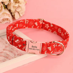 Custom Christmas Dog Collar Bowtie Flower in Cherry Red and Plaid, Christmas Pattern, Trendy Style for Christmas