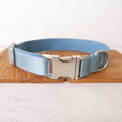 Luxurious Silky Wedding Dog Collar - Personalized with Name - Silver, Aqua, Haze Blue or Blue, Detachable Sailor Bowtie