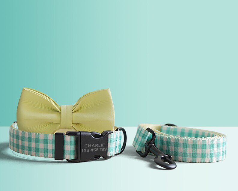 Green Plaid Lightweight Dog Collar, Personalized Premium Dog Collar or Dog Collar and Leash Set with Matching Bowtie *Detachable