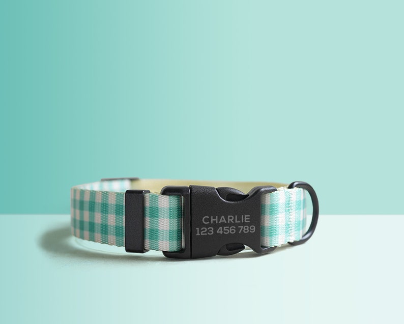 Green Plaid Lightweight Dog Collar, Personalized Premium Dog Collar or Dog Collar and Leash Set with Matching Bowtie *Detachable