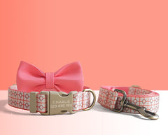 Red Geometric Lightweight Dog Collar, Personalized Premium Dog Collar or Dog Collar and Leash Set with Matching Bowtie *Detachable