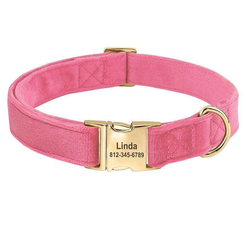 Dog Collar Personalized with Name, Thick Velvet Dog Collar For Boy and Girl, Dust Pink, Hot Pink, Green, Blue and Brown