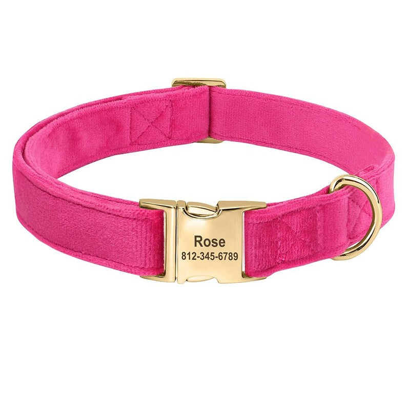 Dog Collar Personalized with Name, Thick Velvet Dog Collar For Boy and Girl, Dust Pink, Hot Pink, Green, Blue and Brown