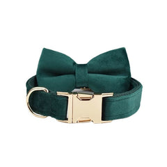 Custom Emerald Green Velvet Personalized Dog Collar, Matching Dog Bowtie, Dog Flower, Dog Leash, Dog Harness & Dog Poop Bag, Different Combo