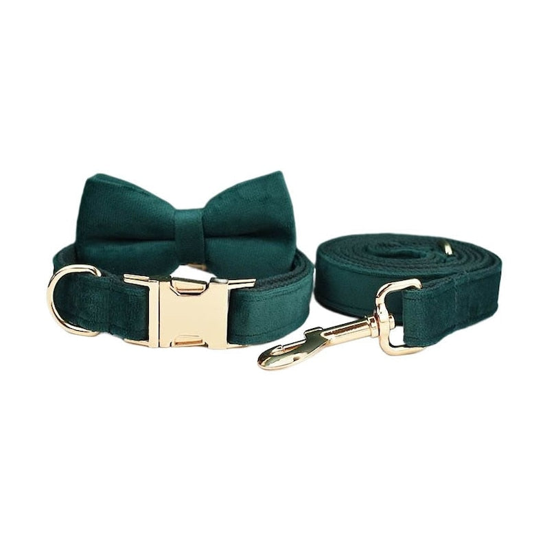 Custom Emerald Green Velvet Personalized Dog Collar, Matching Dog Bowtie, Dog Flower, Dog Leash, Dog Harness & Dog Poop Bag, Different Combo