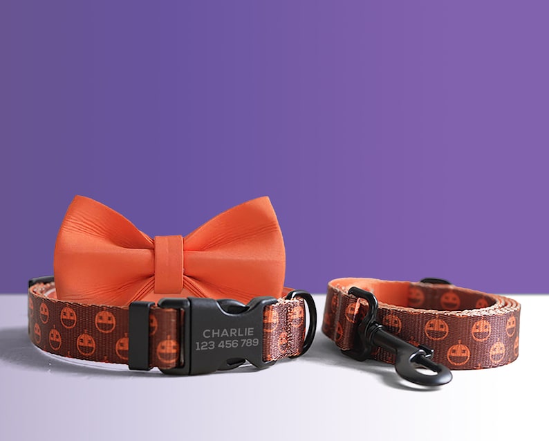 Orange and Purple Lightweight Dog Collar, Personalized Premium Dog Collar or Dog Collar and Leash Set with Matching Bowtie for Halloween