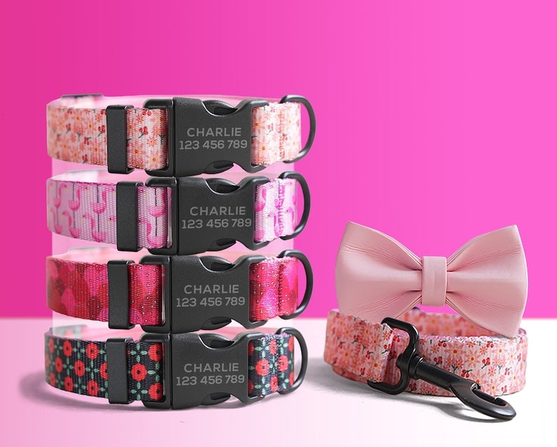 Pink Floral Lightweight Dog Collar, Personalized Premium Dog Collar or Dog Collar and Leash Set with Matching Bowtie *Detachable