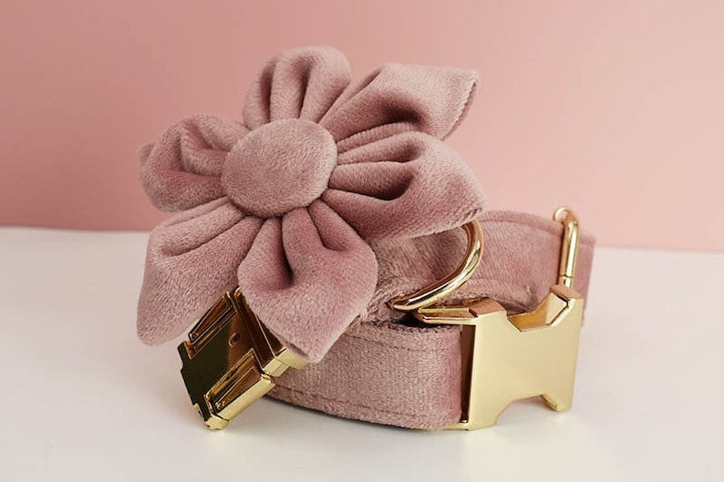 Custom Dusty Pink Velvet Personalized Dog Collar, Matching Dog Bowtie, Dog Flower, Dog Leash, Dog Harness & Dog Poop Bag, Different Combo