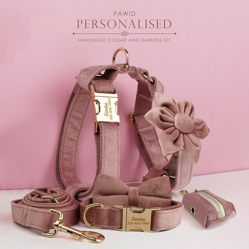 Custom Dusty Pink Velvet Personalized Dog Collar, Matching Dog Bowtie, Dog Flower, Dog Leash, Dog Harness & Dog Poop Bag, Different Combo
