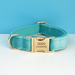 Custom Turquoise Velvet Personalized Dog Collar, Matching Dog Bowtie, Dog Flower, Dog Leash, Dog Harness & Dog Poop Bag, Different Combo