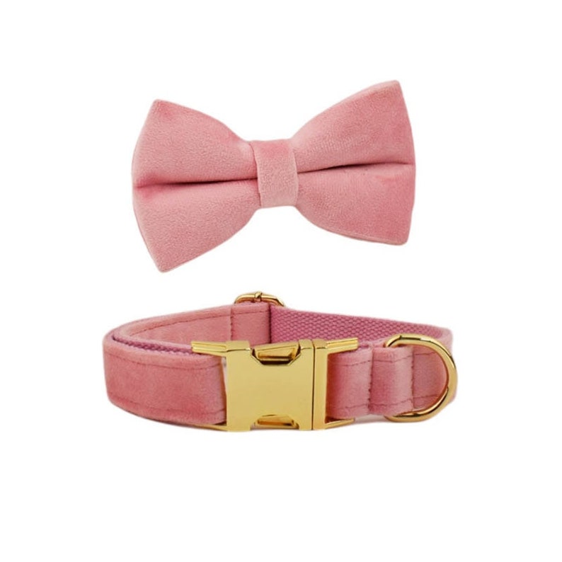 Custom Pink Velvet Personalized Dog Collar, Matching Dog Bowtie, Dog Flower, Dog Leash, Dog Harness & Dog Poop Bag, Different Combo