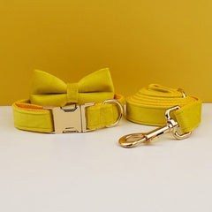 Custom Yellow Velvet Personalized Dog Collar, Matching Dog Bowtie, Dog Flower, Dog Leash, Dog Harness & Dog Poop Bag, Different Combo