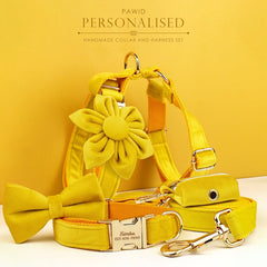 Custom Yellow Velvet Personalized Dog Collar, Matching Dog Bowtie, Dog Flower, Dog Leash, Dog Harness & Dog Poop Bag, Different Combo