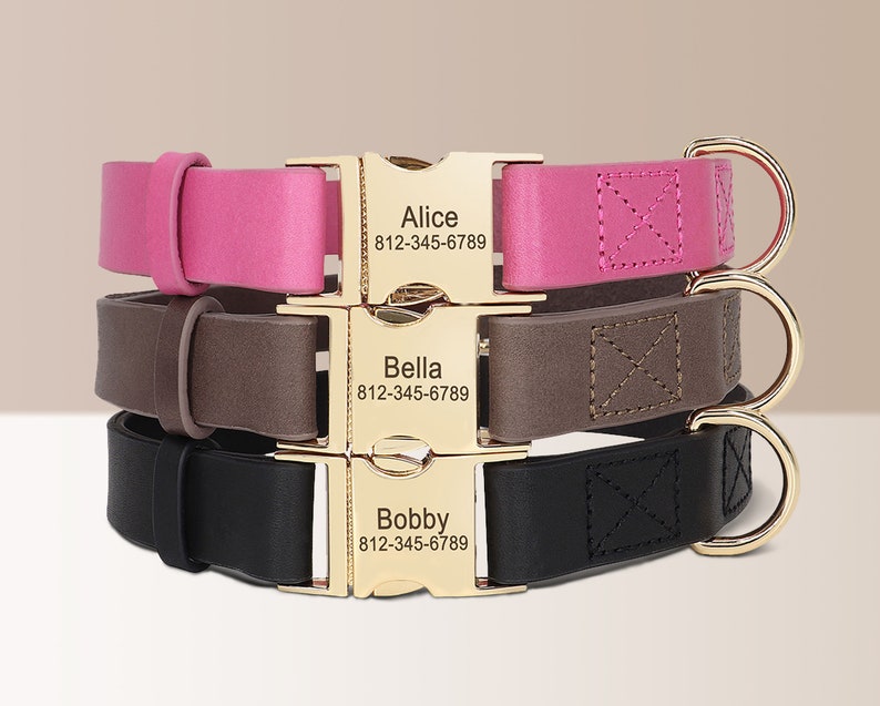 Dog Collar Leather Buckle Personalized Name Engraved Soft Genuine Leather in Black, Brown, and Pink * Custom Boy Girl Dog Collar