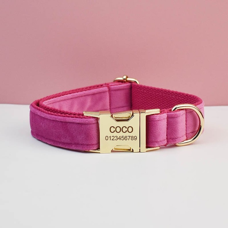 Custom Hot Pink Velvet Personalized Dog Collar, Matching Dog Bowtie, Dog Flower, Dog Leash, Dog Harness & Dog Poop Bag, Different Combo