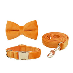 Custom Orange Velvet Personalized Dog Collar, Matching Dog Bowtie, Dog Flower, Dog Leash, Dog Harness & Dog Poop Bag, Different Combo