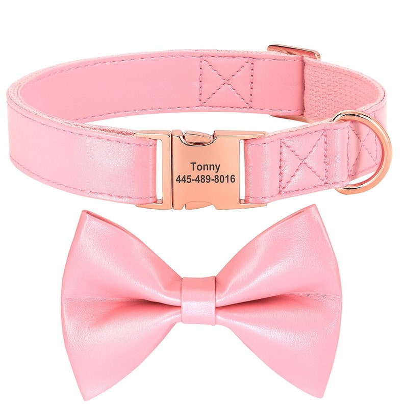 Personalized Engraved Plain Dog Collar Leather Padded with Dog Name Engraved, Dog Collar With Matching Bow Tie
