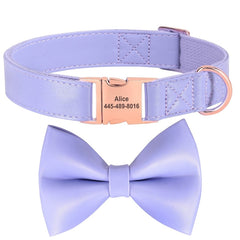 Personalized Engraved Plain Dog Collar Leather Padded with Dog Name Engraved, Dog Collar With Matching Bow Tie