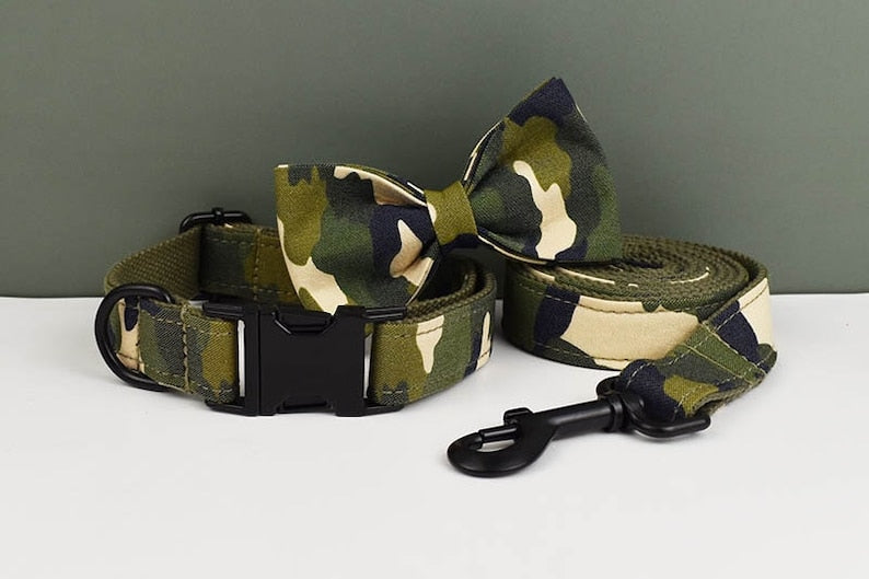 Custom Camouflage Personalized Dog Collar, Matching Dog Bowtie, Dog Leash & Dog Harness, Different Combo