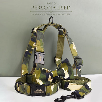 Custom Camouflage Personalized Dog Collar, Matching Dog Bowtie, Dog Leash & Dog Harness, Different Combo