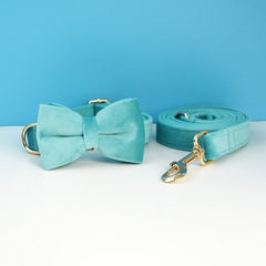 Custom Turquoise Velvet Personalized Dog Collar, Matching Dog Bowtie, Dog Flower, Dog Leash, Dog Harness & Dog Poop Bag, Different Combo