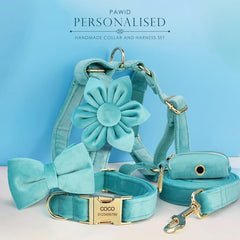 Custom Turquoise Velvet Personalized Dog Collar, Matching Dog Bowtie, Dog Flower, Dog Leash, Dog Harness & Dog Poop Bag, Different Combo