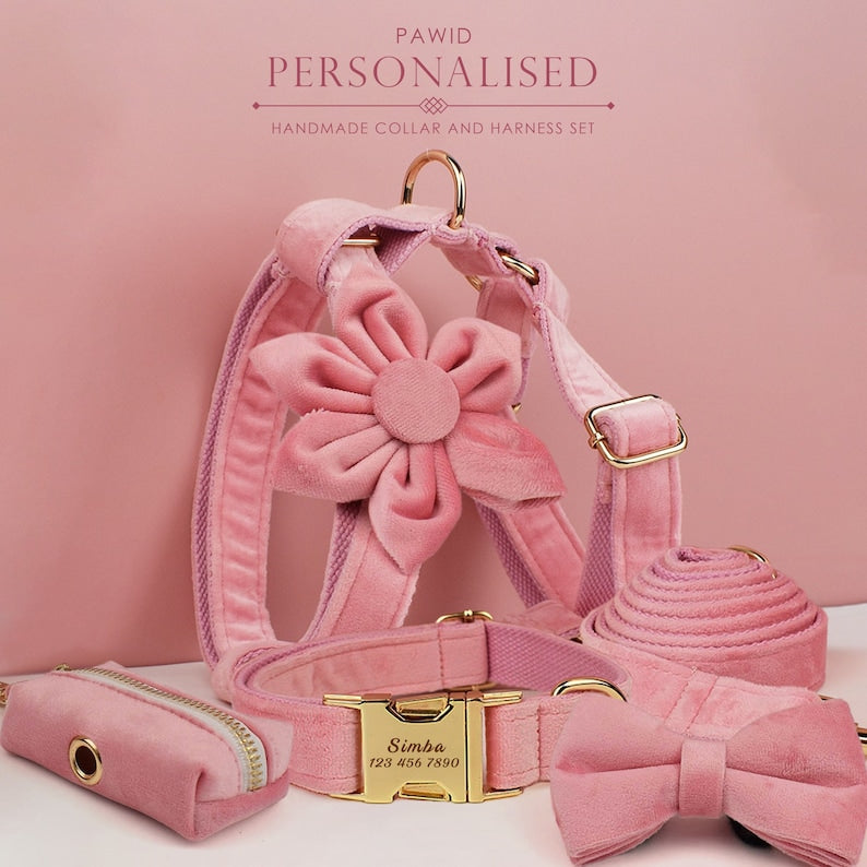 Custom Pink Velvet Personalized Dog Collar, Matching Dog Bowtie, Dog Flower, Dog Leash, Dog Harness & Dog Poop Bag, Different Combo