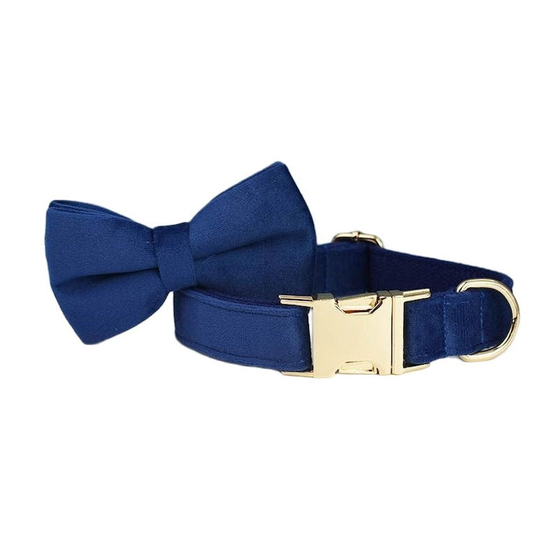 Custom Navy Blue Velvet Personalized Dog Collar, Matching Dog Bowtie, Dog Flower, Dog Leash, Dog Harness & Dog Poop Bag, Different Combo