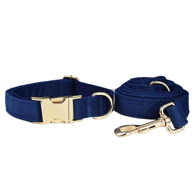 Custom Navy Blue Velvet Personalized Dog Collar, Matching Dog Bowtie, Dog Flower, Dog Leash, Dog Harness & Dog Poop Bag, Different Combo