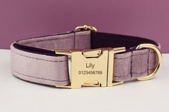 Custom Deep Purple Velvet Personalized Dog Collar, Matching Dog Bowtie, Dog Flower, Dog Leash, Dog Harness & Dog Poop Bag, Different Combo