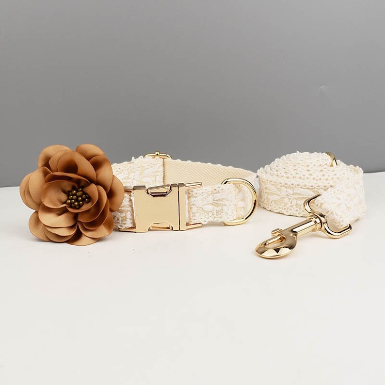 Custom Beige Lace Personalized Dog Collar, Dog Flower, Dog Leash & Dog Harness, Different Combo