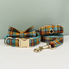 Custom Blue Tartan Personalized Dog Collar, Matching Dog Bowtie, Dog Leash, Poop Bag & Dog Harness, Different Combo