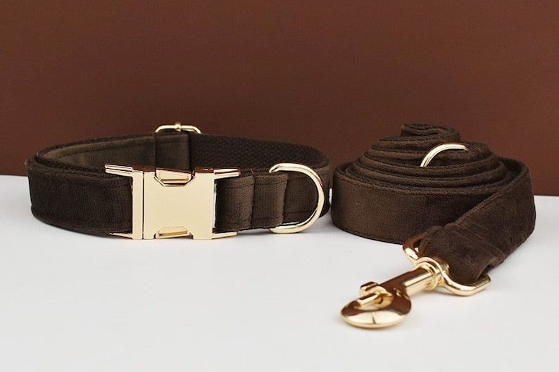 Custom Dark Brown Velvet Personalized Dog Collar, Matching Dog Bowtie, Dog Flower, Dog Leash, Dog Harness & Dog Poop Bag, Different Combo