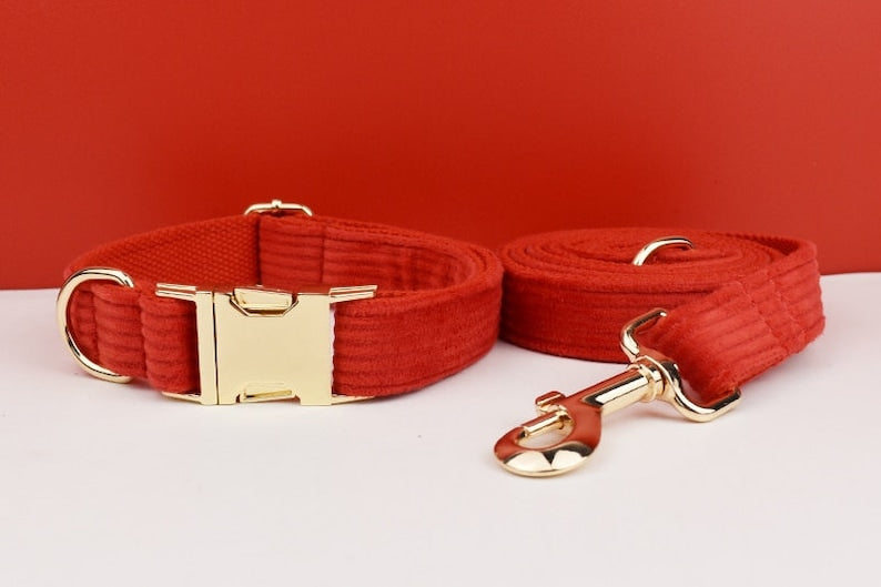 Custom Red Corduroy Personalized Dog Collar, Matching Dog Bowtie, Dog Leash, Dog Harness & Dog Poop Bag, Different Combo