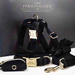 Black Gold Personalized Dog Collar, Matching Dog Harness and Leash Set, Removable Bowtie and Poop Bag Holder