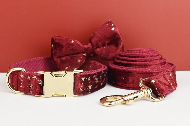 Stars Dog Harness, Custom Red Golden Stars Personalized Velvet Collar, Bowtie, Leash, H Harness, for Christmas and New Year, Different Combo