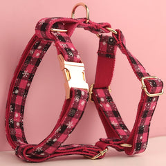 Custom Pink and Black Snowflake Tartan Christmas Dog Harness Set - Collar, Bowtie, Leash - Various Combinations for Festive Pet Fashion