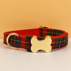 Tartan Dog Collar, Personalized Dog Bone Tag, Plaid Dog Collar and Leash, Collar for Male Dog, Engraved Name on Dog Collar, Boy Collar