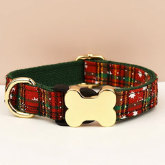 Tartan Dog Collar, Personalized Dog Bone Tag, Plaid Dog Collar and Leash, Collar for Male Dog, Engraved Name on Dog Collar, Boy Collar