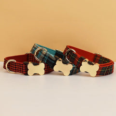 Tartan Dog Collar, Personalized Dog Bone Tag, Plaid Dog Collar and Leash, Collar for Male Dog, Engraved Name on Dog Collar, Boy Collar