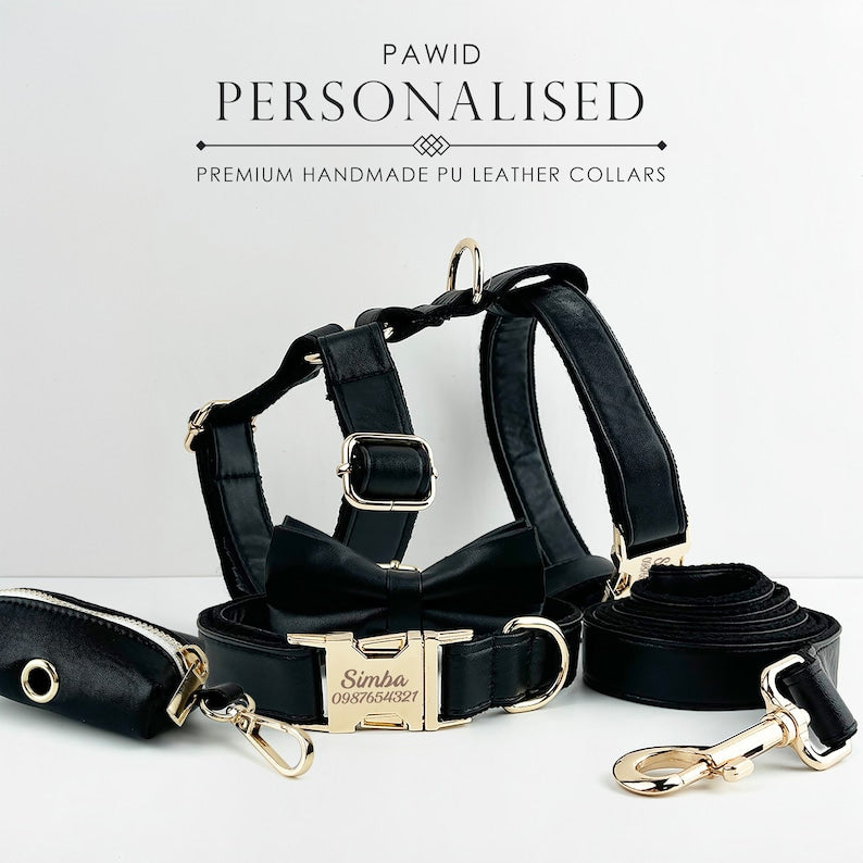 Leather Dog Harness, Black PU Collar/Lead/Bowtie/Harness/Bag,Solid Dog Collar Leash Set, Engraved Metal Buckle,Easy Clean,Wedding Puppy Gift