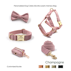 Custom Thick Velvet Champagne Pink Personalized Dog Collar, Matching Dog Bowtie, Dog Leash, Dog Harness and Dog Poop Bag, Different Combo