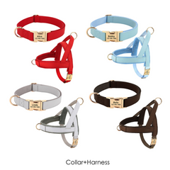 Personalized Engraved Handmade PU Leather Dog Collar, Leash, Harness featuring a Nylon Inner Webbing and Metal Buckle